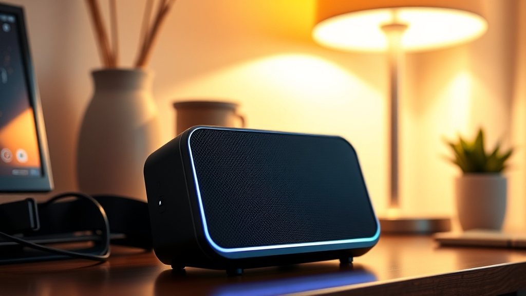 따뜻한 조명이 켜진 책상 위에 놓인 블루투스 스피커가 일상적인 실내 청음 환경을 보여주는 모습